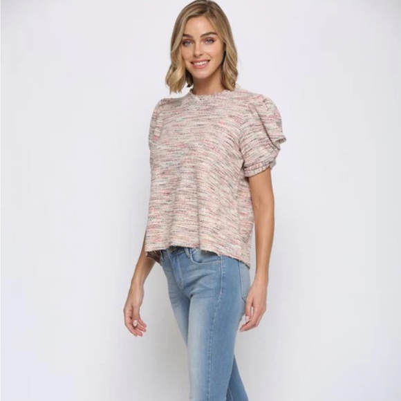 Fate Tweed multi color short sleeve puff sleeve top - Picture 2 of 7